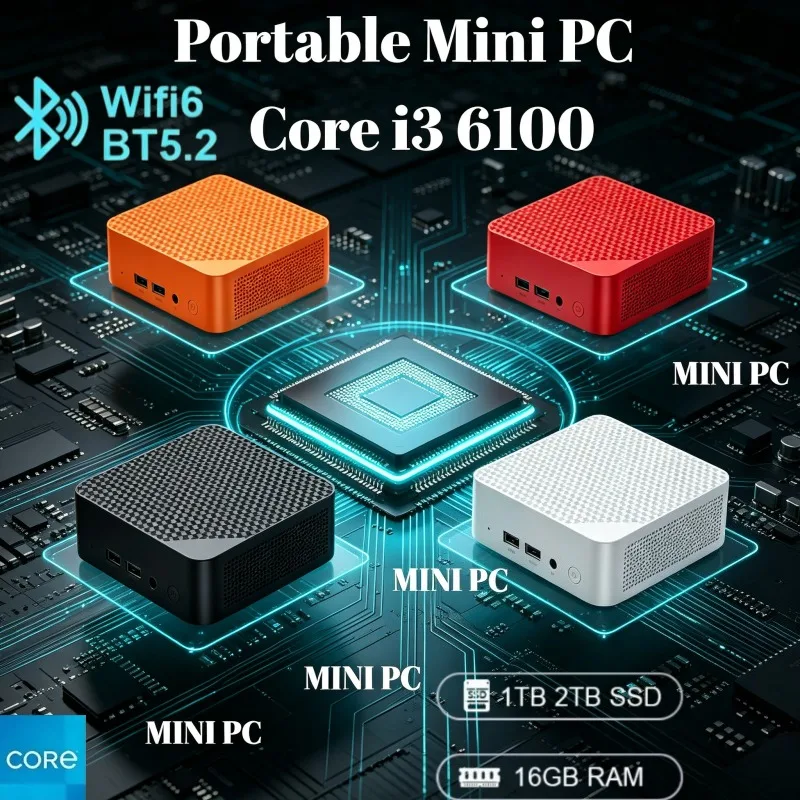Portable Mini PC Intel Core i3-6100 Gamer Computer  16GB RAM 1/2TB SSD FHD Bluetooth WiFi6  Gaming Office 4K HDMI