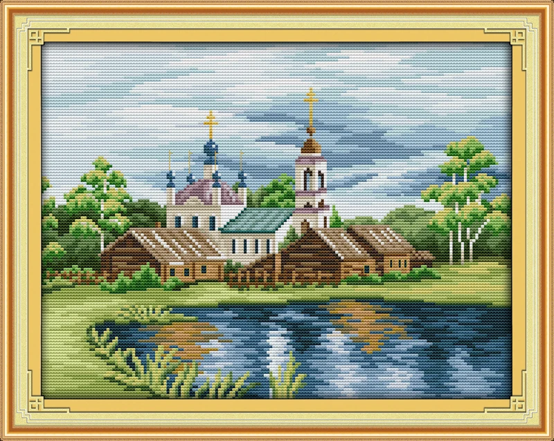 

Полный набор для вышивки крестом View In Riverside, штампованная ткань с принтом, без печати, DMC, рукоделие, домашний декор