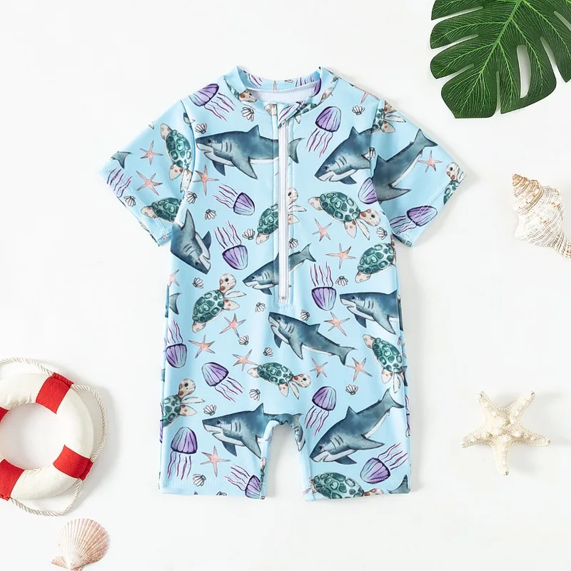 New Summer 0-4Y Kid's beach clothes Marine sharks Toddler Boys Short Sleeve Swimwear Cute Baby One Piece Bathing Suit