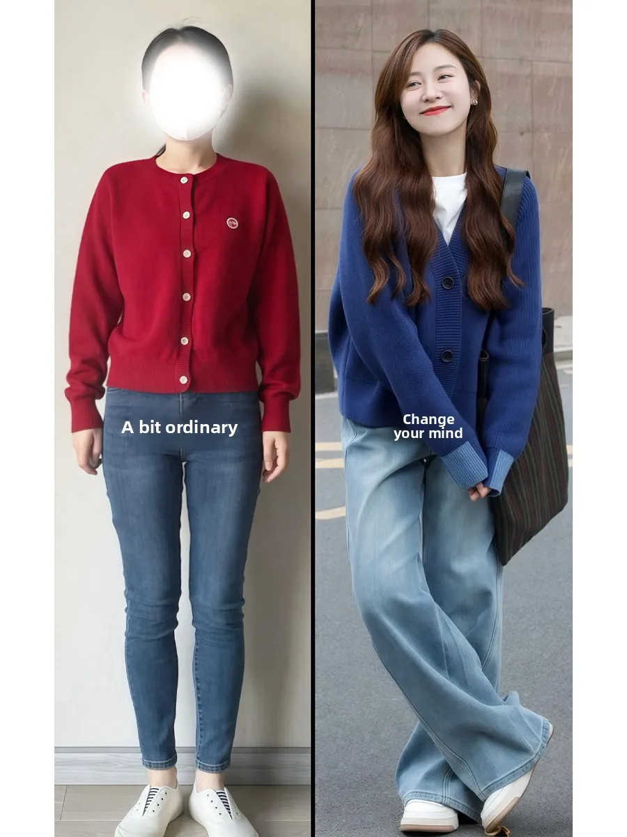 

Blue Open Cardigan And Jeans plus Size Women's Faion Set Slimming Vintage Sle Long Sve V Ne Button up Casual Sle