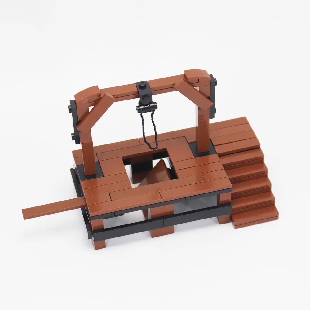 MOC-Kit de bloques de construcción de guillotina para niños, jaula colgante Medieval, Escena de mediana edad, banco de prueba, bloques de montaje,