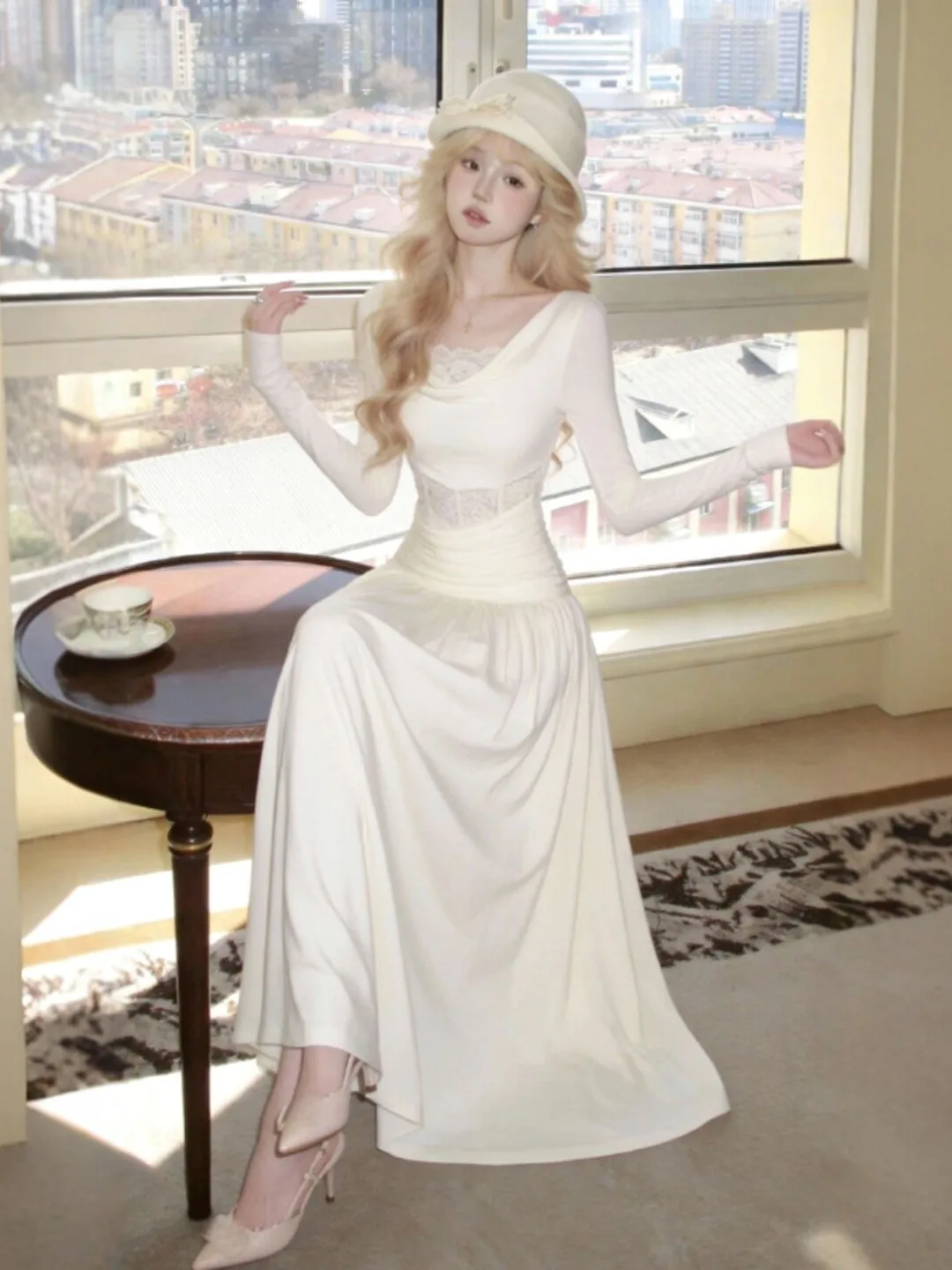 

Нежное платье с уникальным кружевным декором, подчеркивающее талию, стройнящее, весеннее, новое, однотонное, с высокой талией