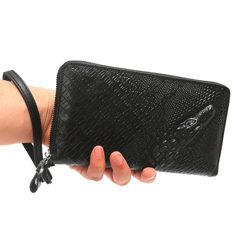 genuine Leather Long Purse Zipper Money Clip Black Business cowhide Wallet Male Luxury Brand crocodile patterned Men Clutch Bag - view 2