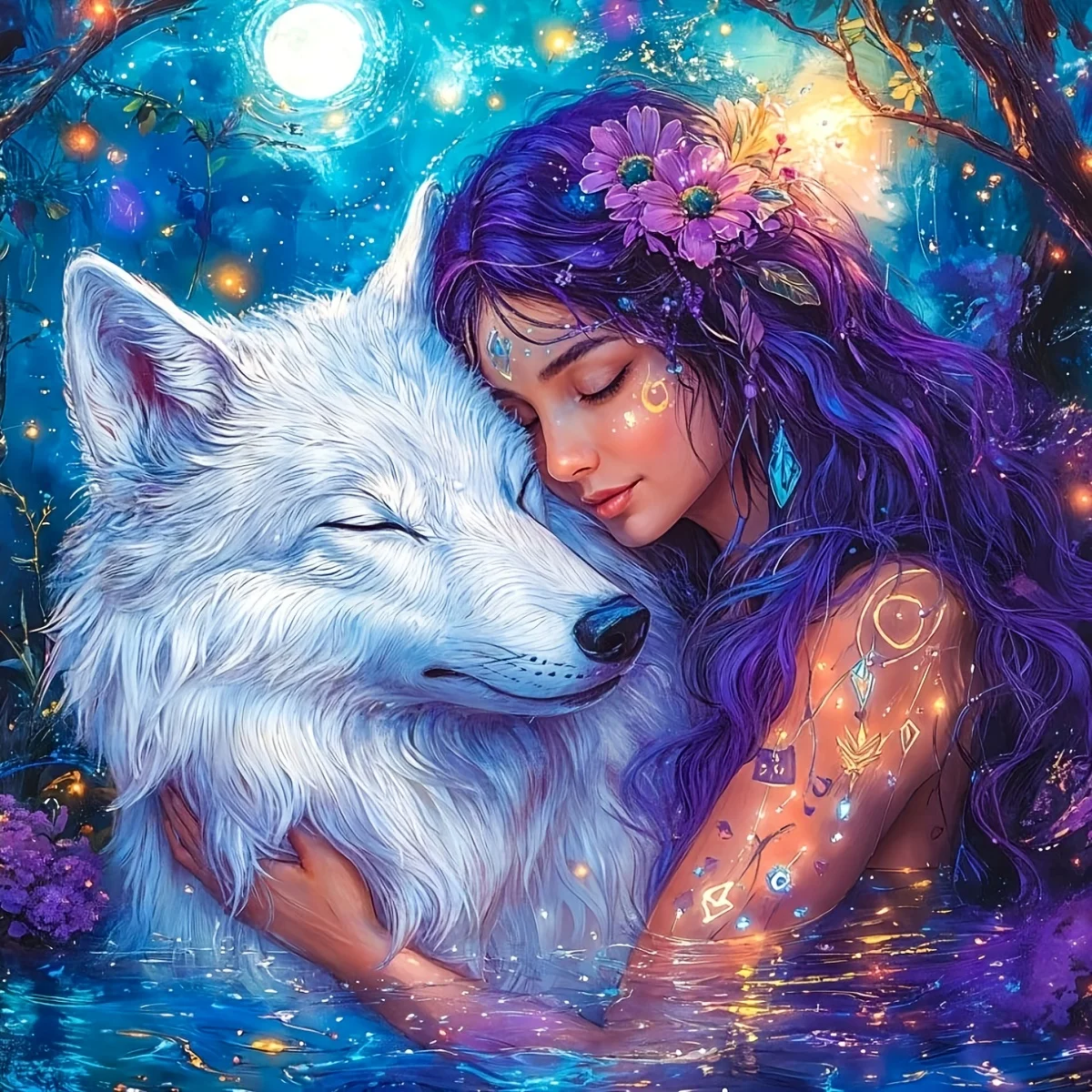 Ladies and Wolves Diamond Painting, Mosaic Handicraft, Full Round/Square Diamonds,Ideal Holiday Gift for Home Wall Decor