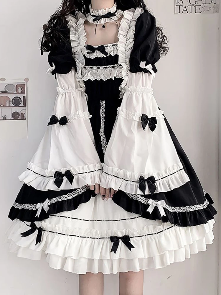 L-4XL اليابانية لوليتا فضفاضة كبيرة الحجم للإزالة فستان بكم طويل المرأة الصيف الظلام الحلو القوس الكشكشة مزاجه فساتين #3