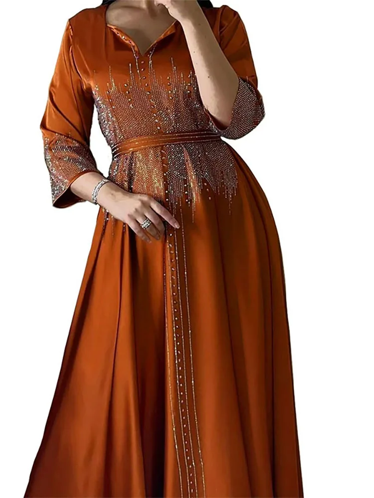 Strass cor sólida vestido de outono feminino sexy com decote em v manga comprida plissado vestido de baile 2025 elegante cetim balanço vestidos de festa