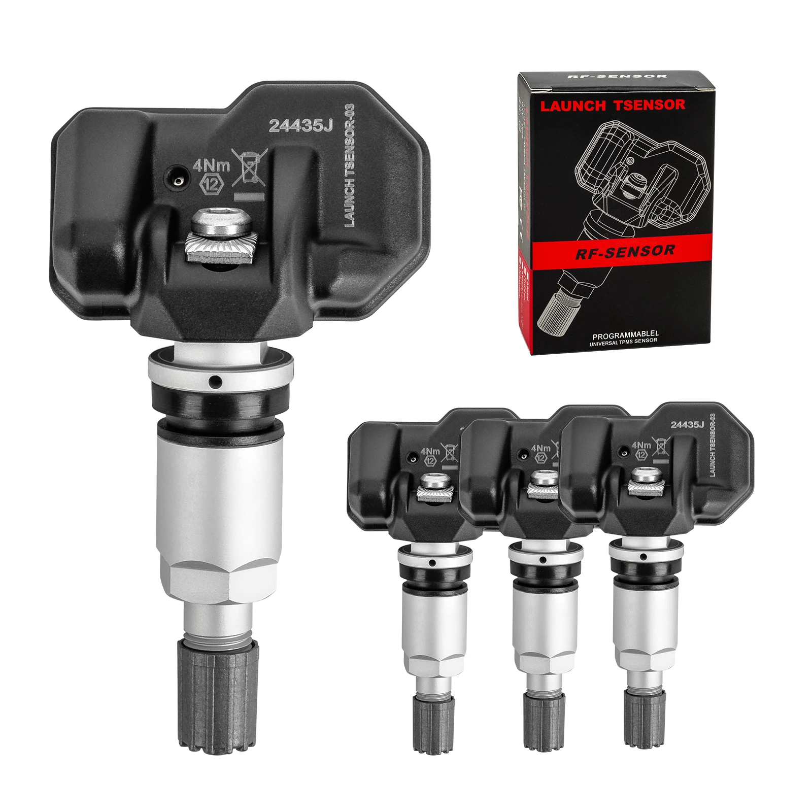 LAUNCH LTR-03 TPMS Sensor 315MHz/433MHz Dual Frequency Screw-in Metal Valve (Adjustable Angle) Tire Pressure Monitor System Programmable Replace OE-Sensor Update Version of LTR-01 [Pack of 4]