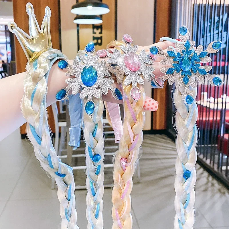 Girls Elsa Cosplay Headband Weaving Braid Tangled Snowflake Crown Headband Hair Accesorries Girl Princess Bow Hair Ornament