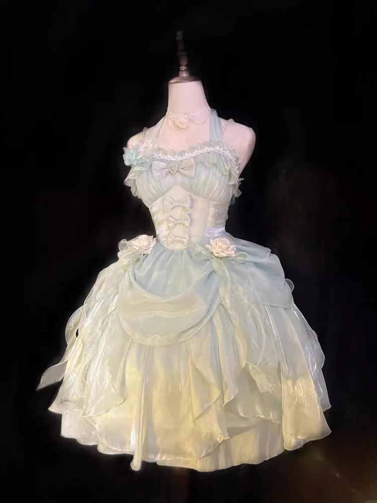 日本オリジナル ロリータ エレガント レディ グリーン JSK ホルタードレス プリンセス風 リボン付き スイート キュート パフドレス