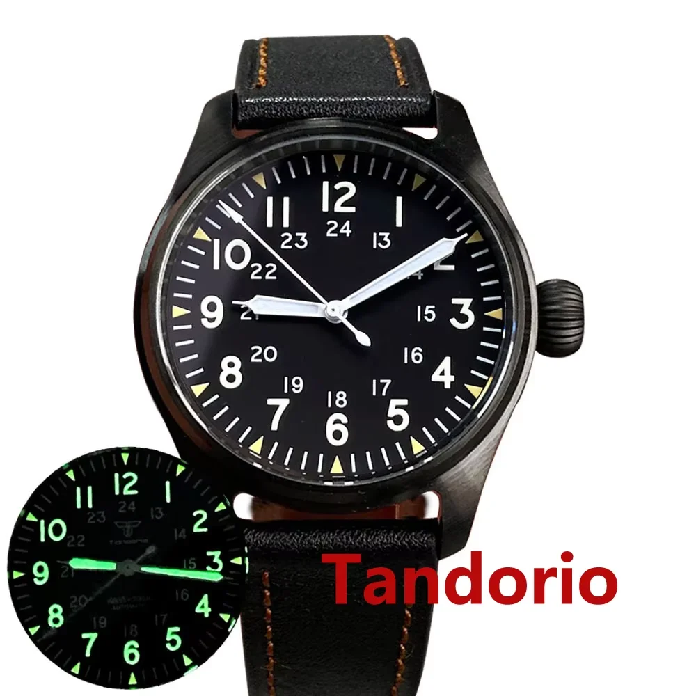 Tandorio 39mm Black PVD NH35A PT5000 Pilot Diver Military Mechanical Men Watch Sapphire Glass Brushed 20ATM Waterproof Luminous