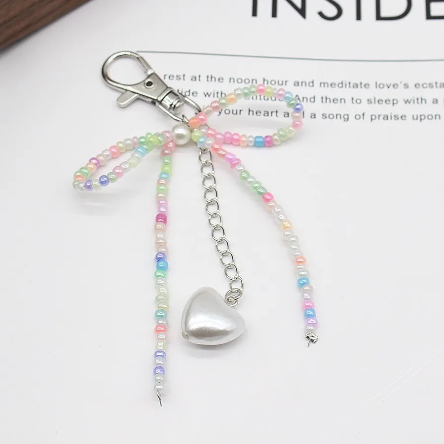 Ins Style Bowknot Beaded Key Chain Color Love Phone Pendant Key Ring Handmade Jewelry Ornament Bags Pendants Gifts