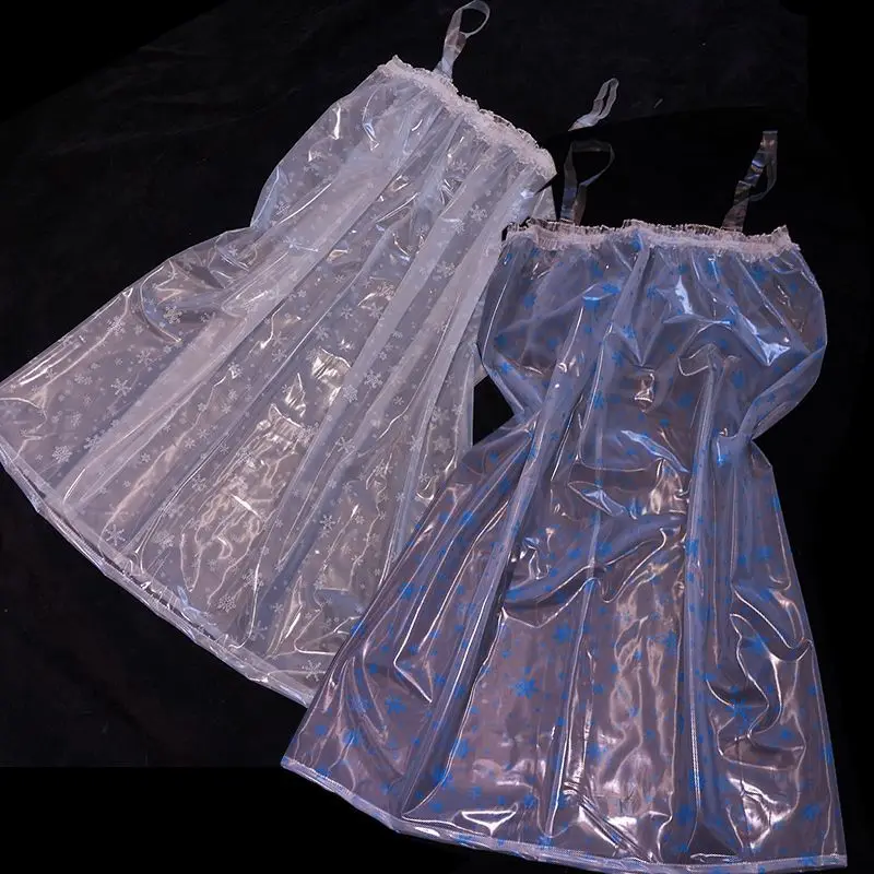 

Man's Sexy Glossy Lace Edge PVC See Through Suspender Dress Briefs Woman Soft Smooth Plastic Nightgown Erotic Lingerie Fetish