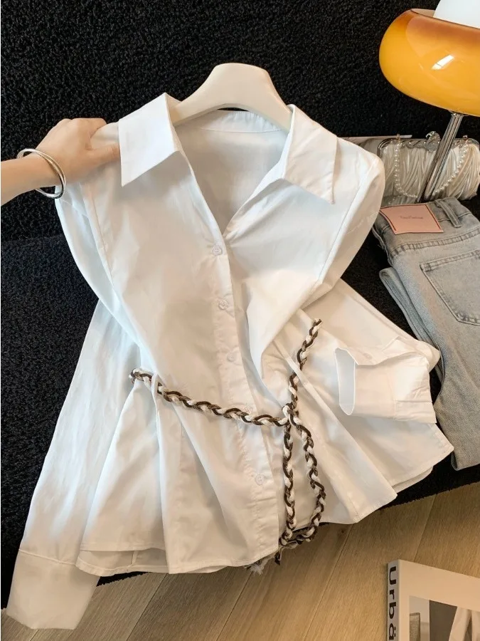 

Элегантная женская рубашка с длинным рукавом и воротником, весна 2026, с поясом на талии, приталенная, универсальный топ во французском стиле, из смесового хлопка