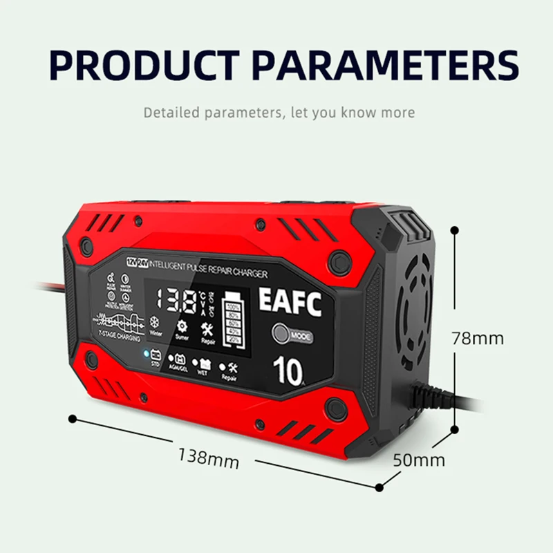 EAFC 12V 10A 24V 5A Fully Automatic Car Battery Charger Smart 7 Stage Charging Smart Charger with Pulse Repair Wet Dry Lead Acid