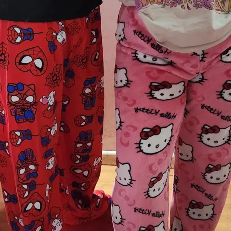 Animated Cartoon Winter Spider-Man Hello Kitty Coral Velvet Loose Pajamas Trousers Men And Women Cartoon Winter Pajama Pants