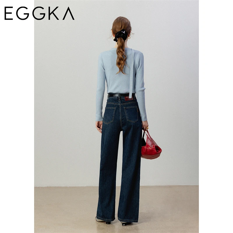 Eggka Blue Straight Jeans Women\'s 2024 Autumn Simple Slim Versatile Jeans High Waist Office Lady Trousers Female Casual Pants