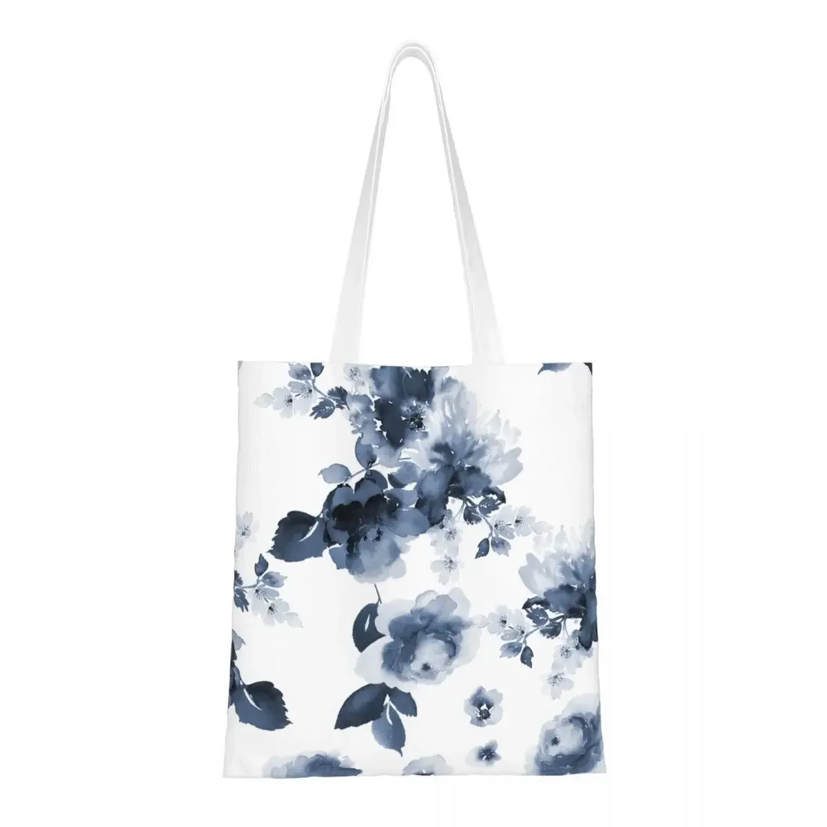 Watercolor Indigo Flowers Canvas Tote Bag Reusable Large Capacity Summer Blue Pattern Casual Bag for Women Men