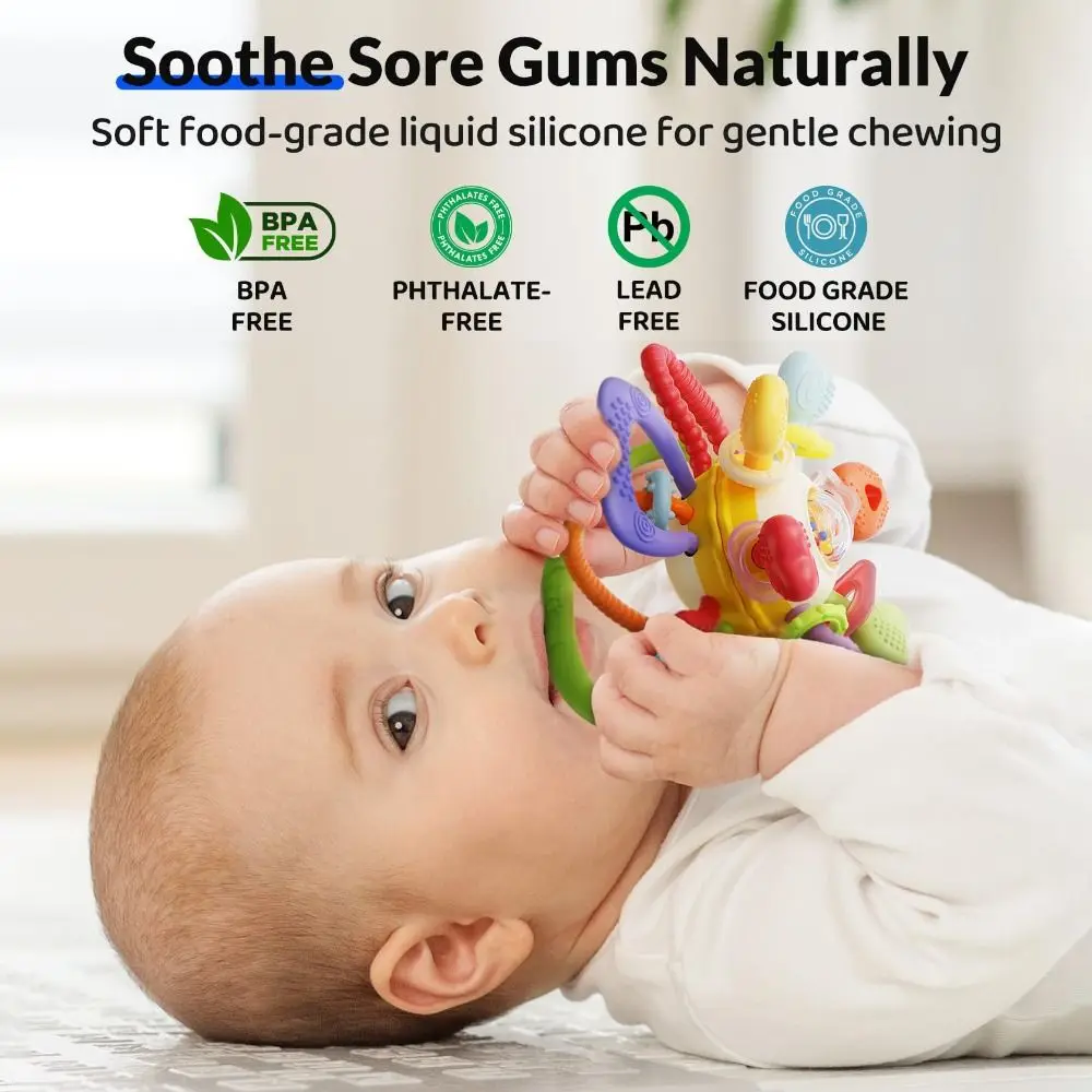 Juguete de dentición sensorial Montessori, sonajero vibratorio lavable de silicona suave, juguete educativo fácil de sostener para aliviar el aprendizaje temprano