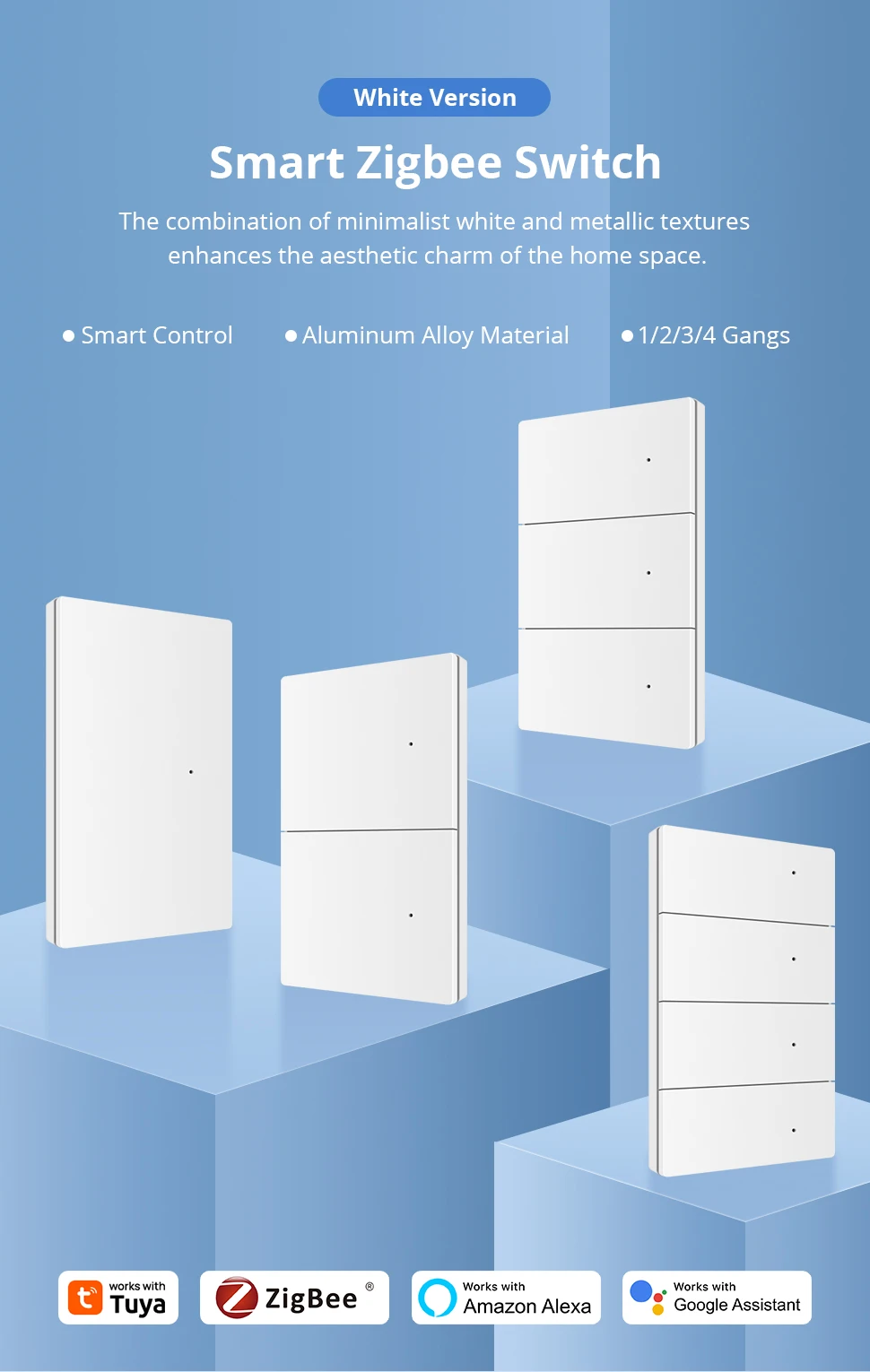 Zemismart Zigbee Smart Wandlichtschalter Aluminiumlegierung Panel Neutralleiter Erforderlich 1 2 3 4 Fach Kompatibel mit Tuya Smart Life App ZM-808 – Detail 1