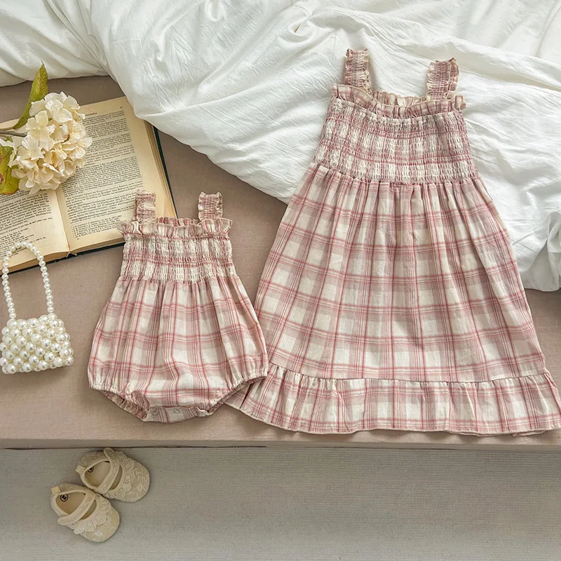 

‌2025 Summer Baby Girl Smock Dress Newborn Sleeveless Romper Sister Matching Outfits Toddler & Infant 0-24 Cute Sister Clothes