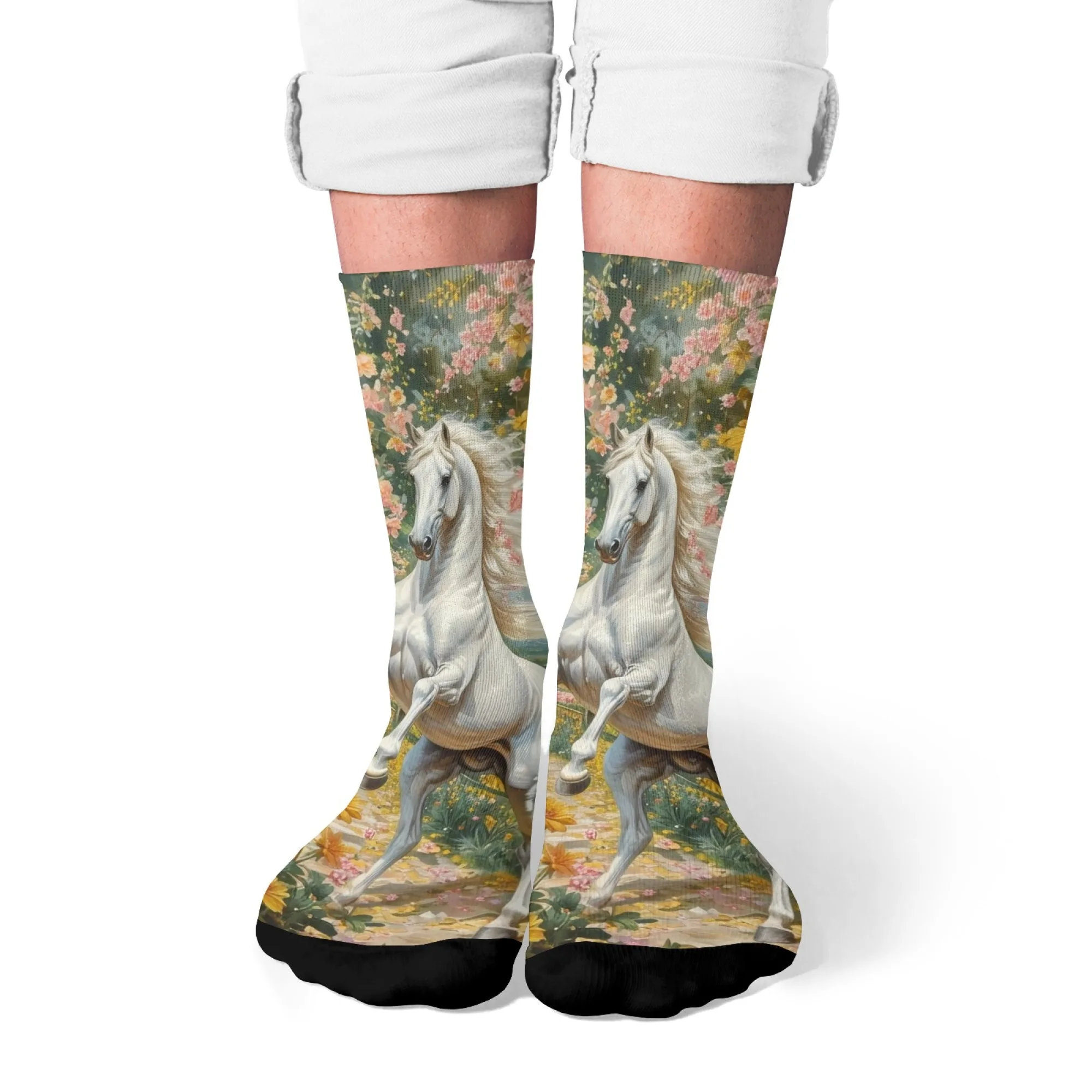Europäische realistische weiße Pferde-Crew-Socken, Socken mit Ölgemälde-Aufdruck im Blumengarten, einzigartiges Geschenk für Kunst- und Reitbegeisterte