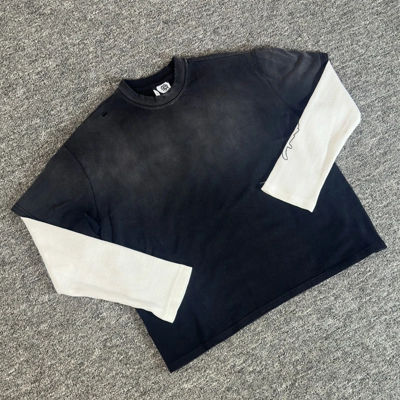 

2025 Casual Men Women High Quality 1:1 Cotton Mertra T Shirt Real Photos Retro Do Old Splicing MERTRA Long Sleeve Tee