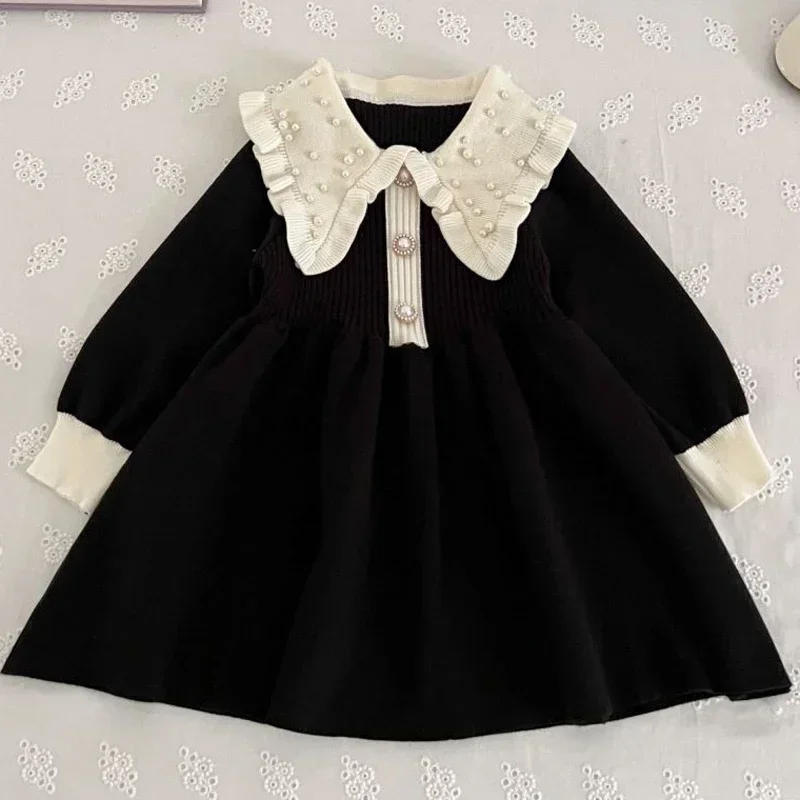 2 3 4 5 6 Years Girls Sweater Dress Splicing Lapel Pearl Decoration Pleated Skirt For Baby Girls Fashion Knitted Bottom Shirt