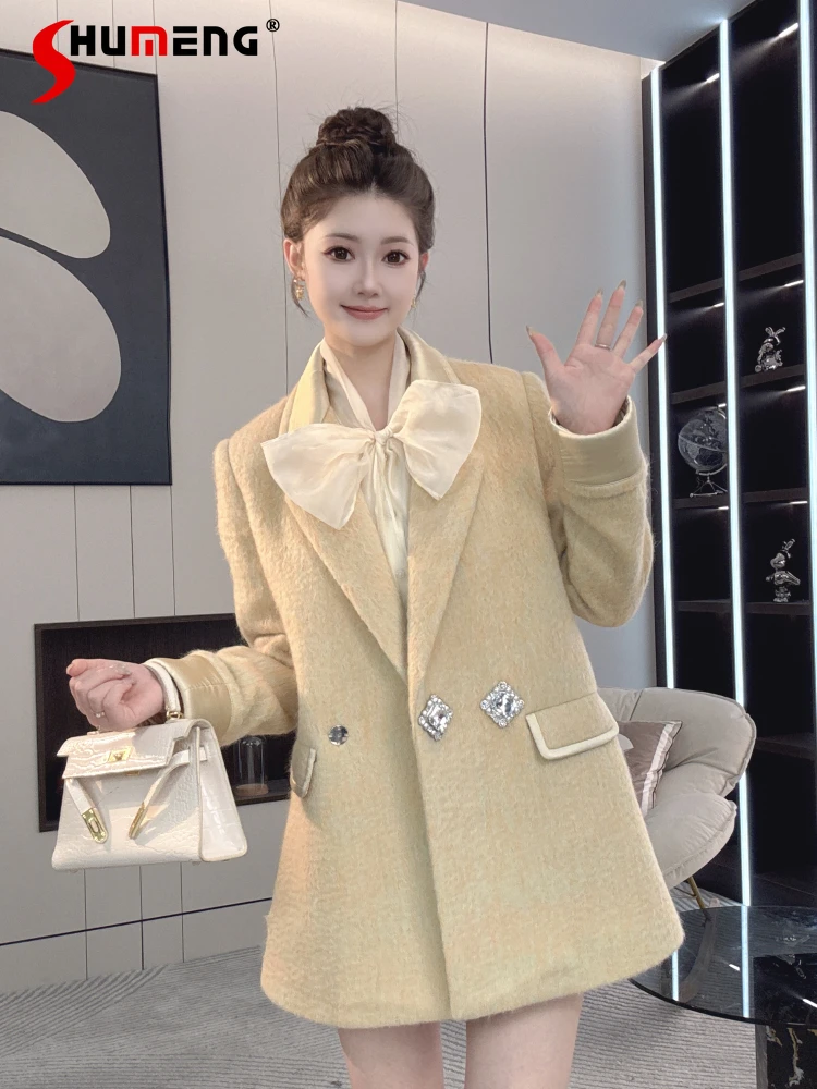 

Women's 2024 Autumn New Blends Feminine Light Luxury High-end Wool Blazers Women's Fashion Medium Long Solid Color Woolen Jacket