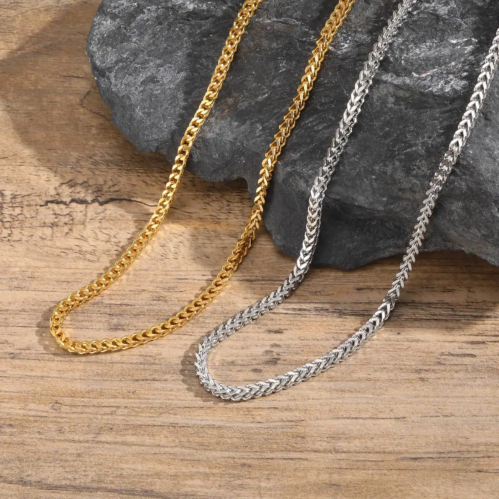 Gold Color Franco Chain Necklace for Men,3MM Wide Thick Stainless Steel Necklace Collars,Classic Trendy Jewelry Gifts