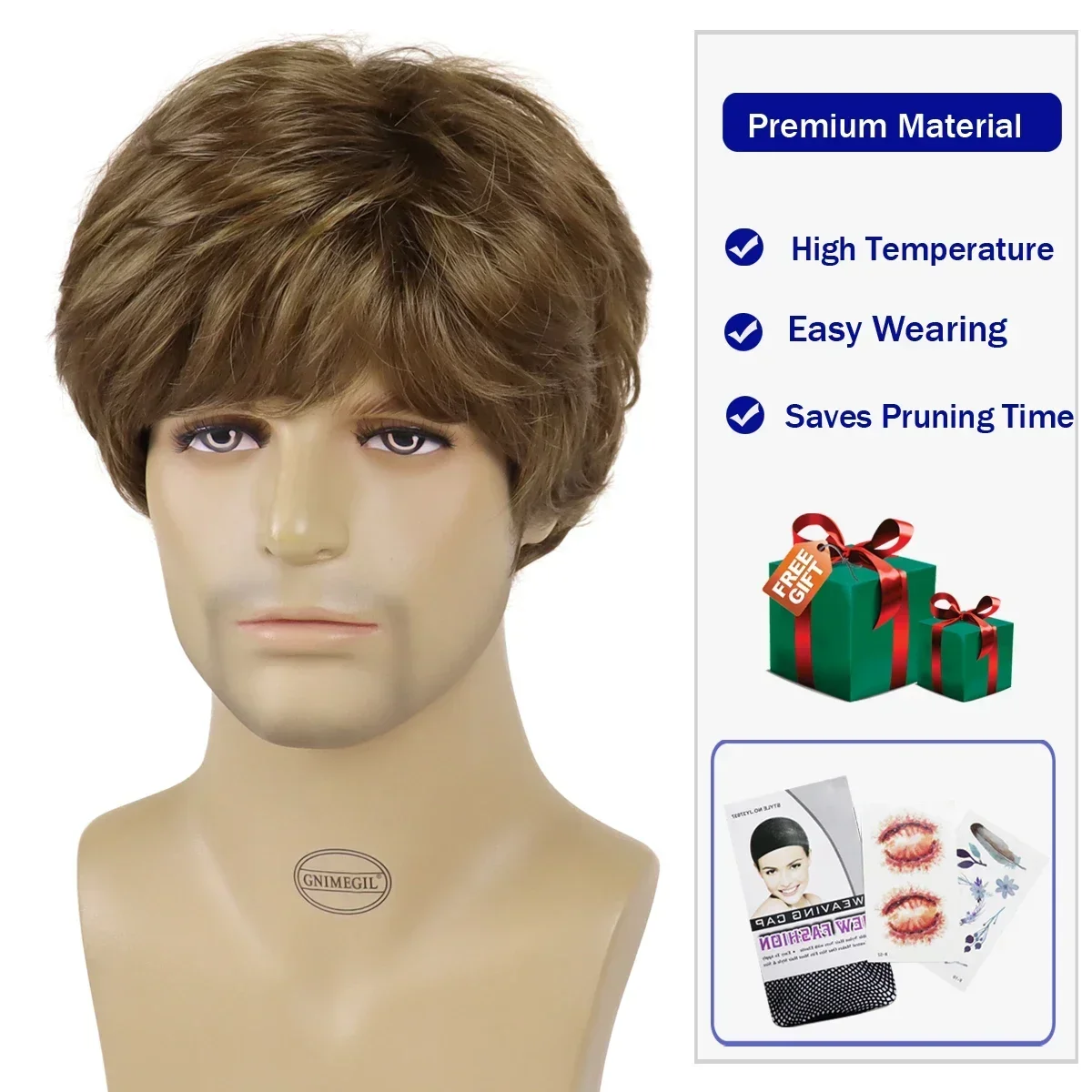 GNIMEGIL Synthetic Fashion Korean Hairstyle Young Men Boys Wig Short Straight Brown Wig with Bangs Natural Soft Cosplay Party