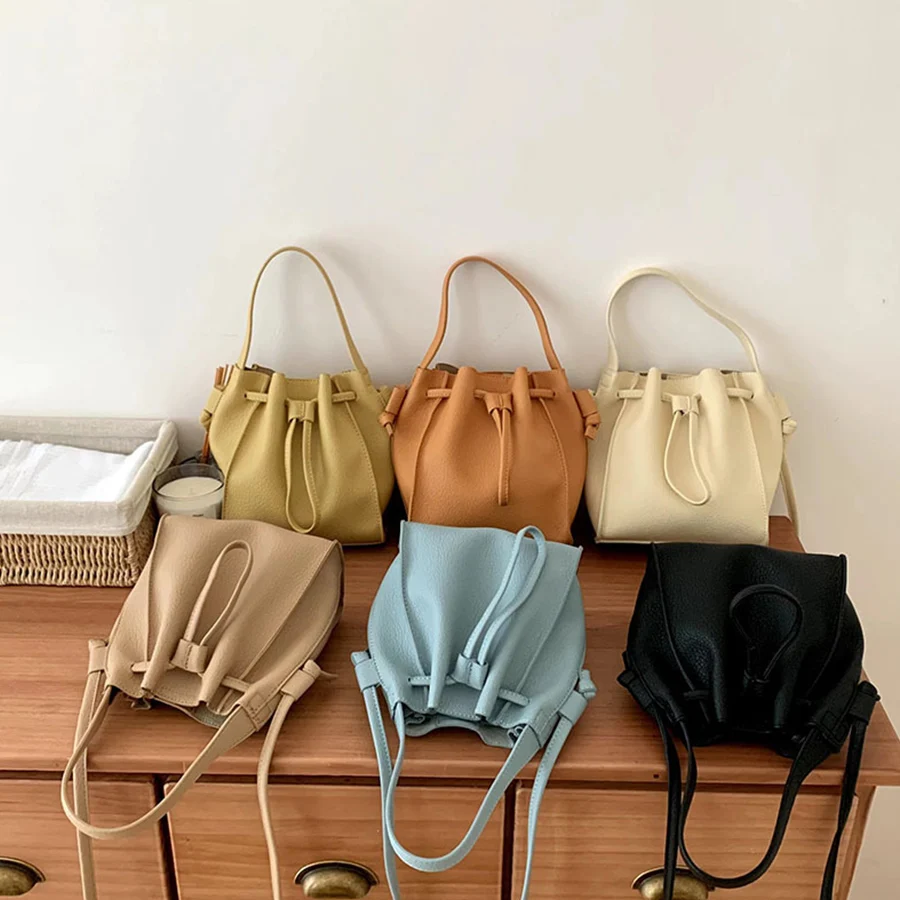 Women's Top Handbag Solid Color Commuter Drawstring Bucket Bag Casual Light Youth One Shoulder Crossbody Bag Daily Shopper Bags