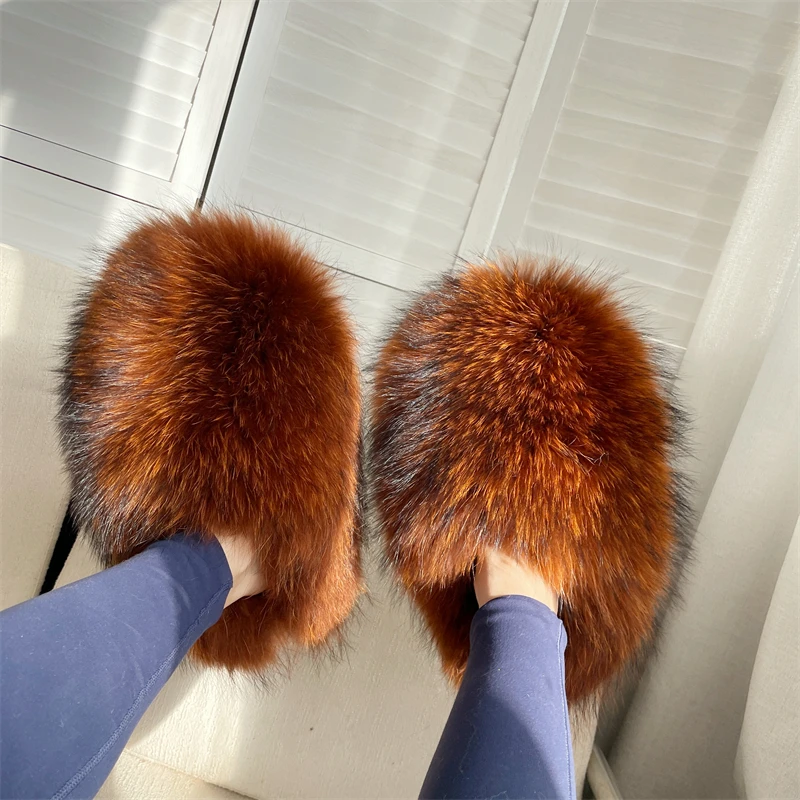 New Arrival Soft Luxury Brown Brown Big Size Raccoon Fur Slides Fox Fur Slippers