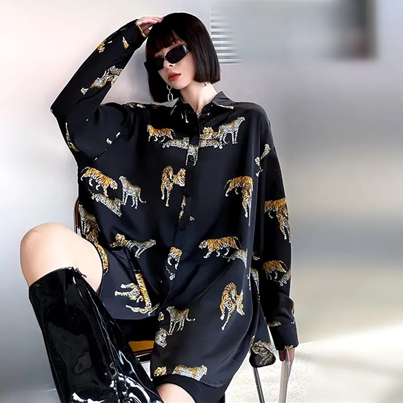 Runway Street Oversized Women Shirt Blouses Long Sleeve Sunscreen Shirt Tigers Print Fashion Loose Female Tunic Tops NS811