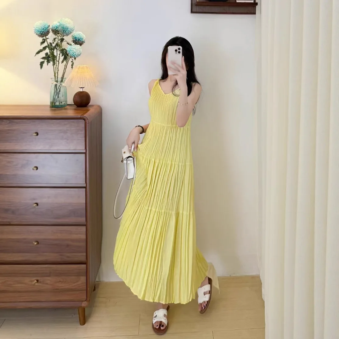 

ALSEY Miyake однотонное плиссированное женское платье без рукавов с лямкой на шее, лето 2022, новая мода, повседневный универсальный дизайн, свободная юбка