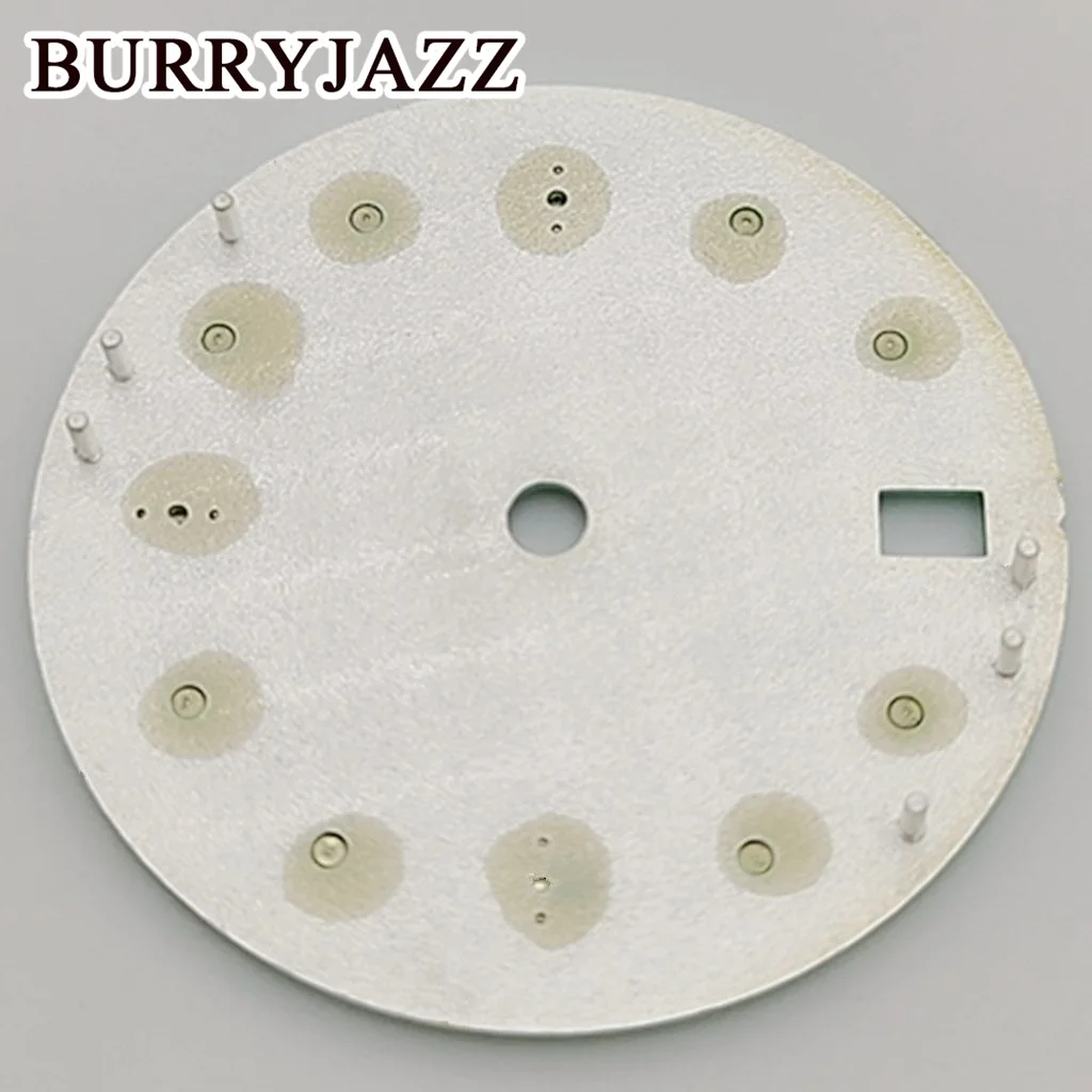 BURRYJAZZ 28.5mm No Logo NH35 Watch Dials Green Blue White Dial Green Luminous Fit 3 O'clock 3.8 O'clock Case Crown