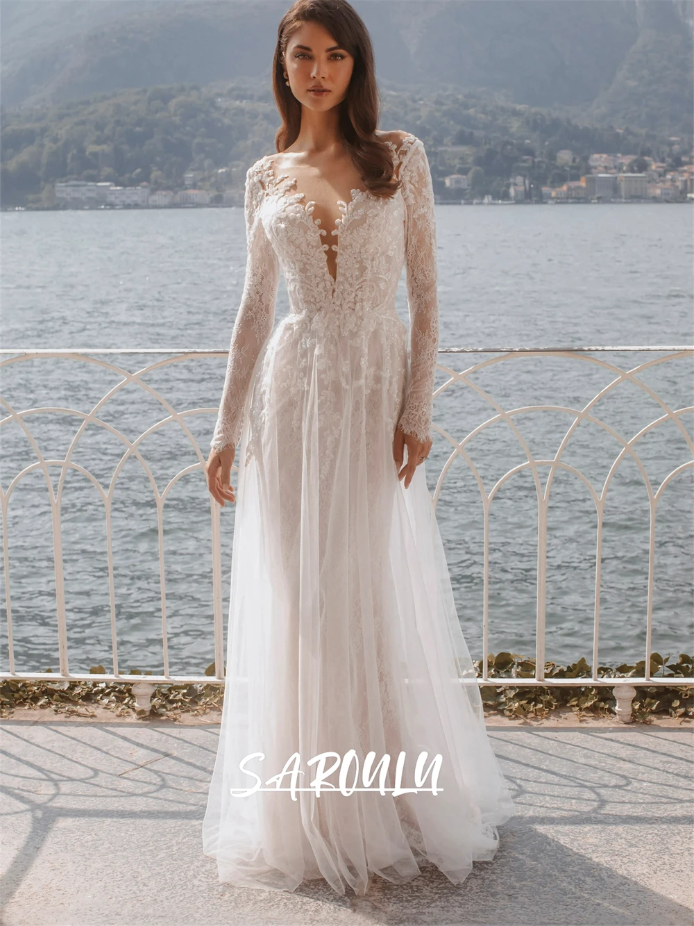 

Full Sleeves Sheath Wedding Dress for Women, Graceful Tulle Long Bride Dresses, Customized Scoop Neck Bridal Gown
