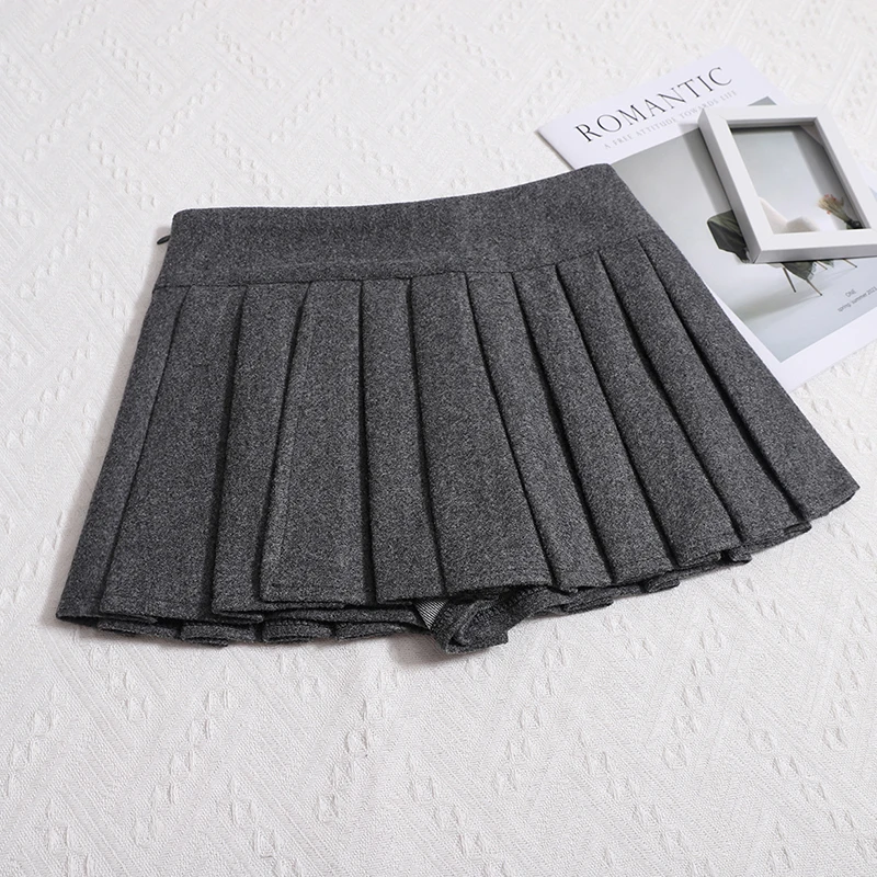 Women's Wool Pleated Skirt Low Waisted Slit Side Boxy-pleat Mini Skirt Y2K Miniskirt Autumn Winter Teen-girl Skort Preppy Outfit