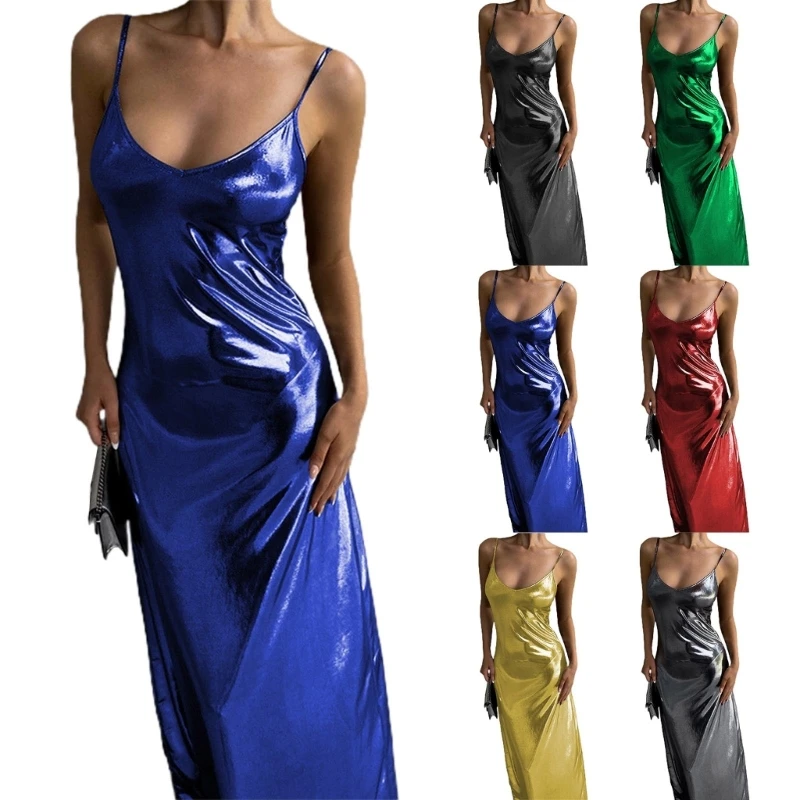 

Spaghetti Straps Dresses V-Neck Solid Color Dress Cami Tanks Skirts Open Back Long Glossy Dress for Evening Parties