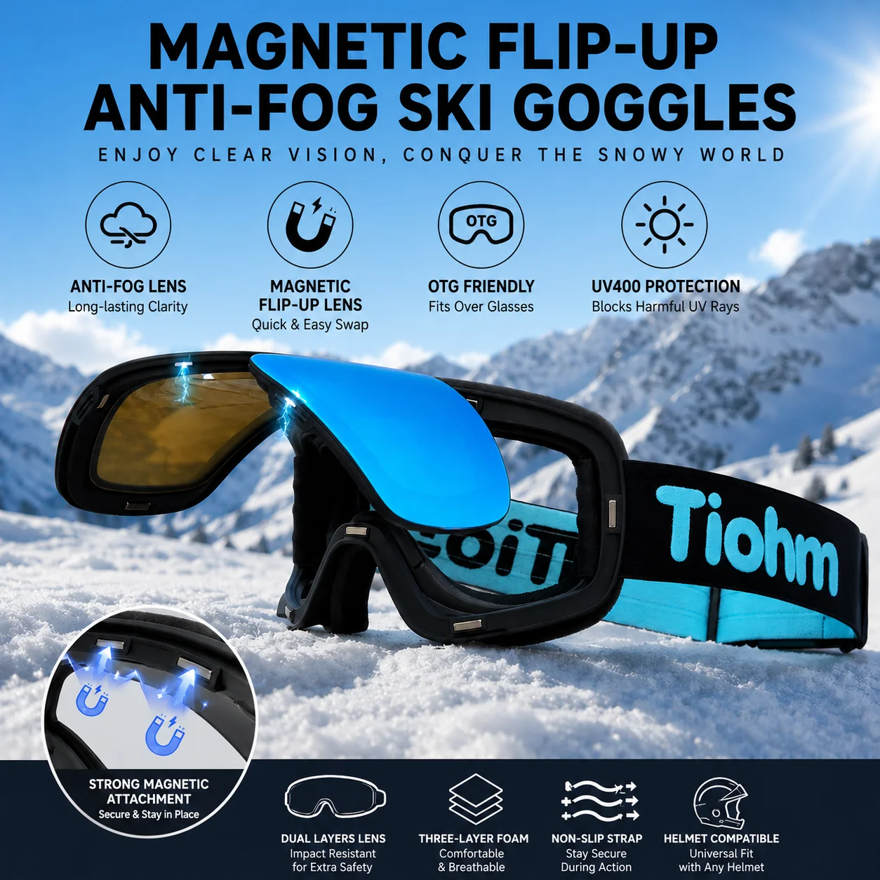 

High Quality Ski Glasses For Skiing Double Lens Magnetic Mountaineering Glasses UV400 Anti-fog Ski Goggles Men Women Snowmobile