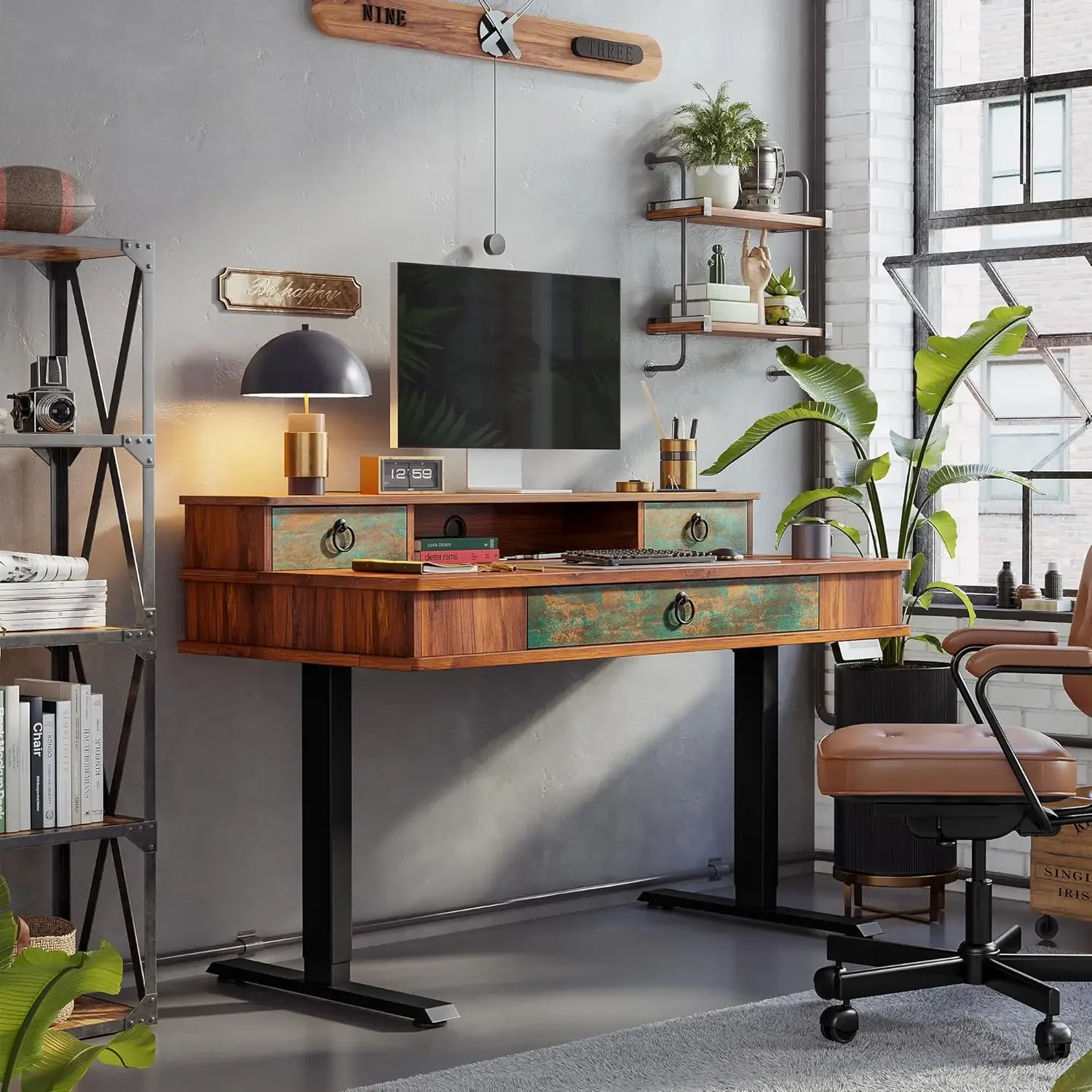 48 x 24 inches Whole-Piece Standing Desk Adjustable Height with 3 Drawers, Mid-Century Modern Style