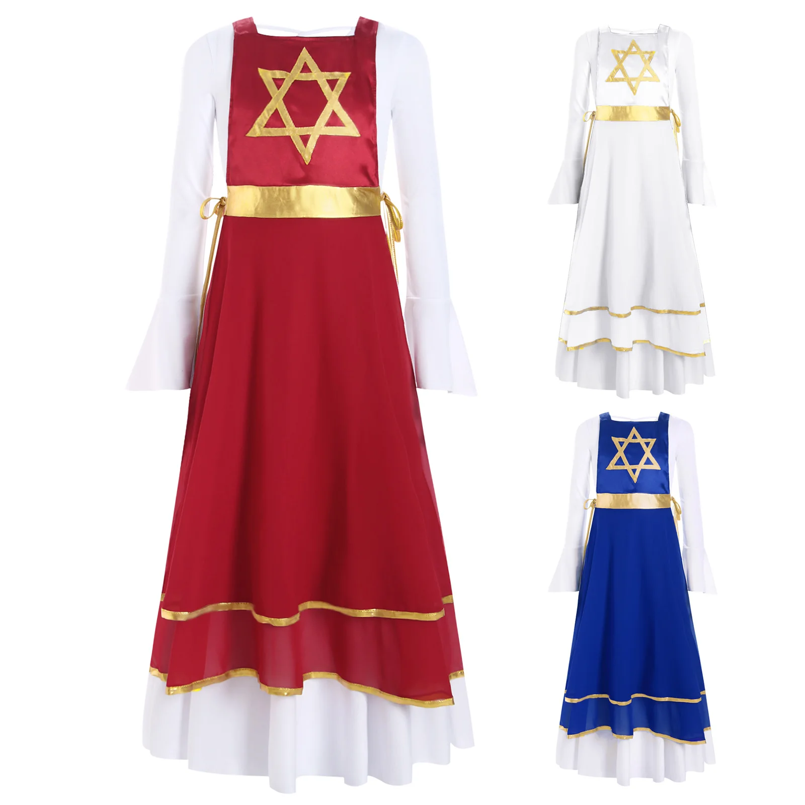 

Kids Girls Liturgical Praise Dance Costumes Set Long Sleeve Ruffle Cuffs Long Dress+Lace-Up Sides Split Sleeveless Tunic Overall