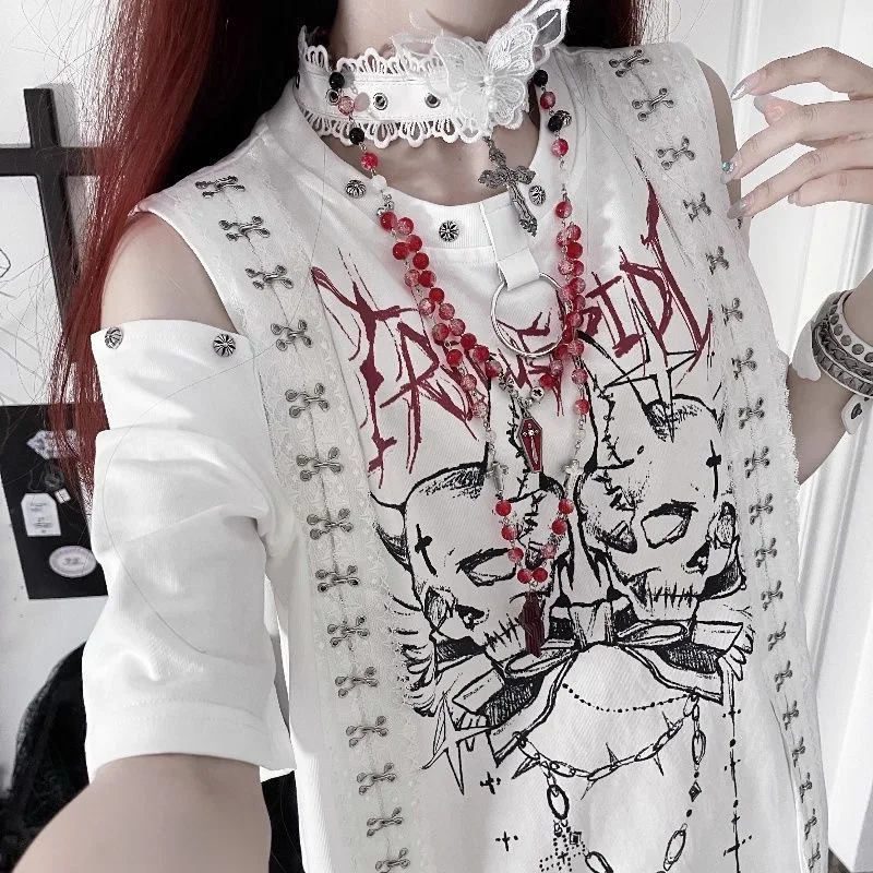 Darkly سلسلة فاسق طباعة ثقافة فرعية القوطية قصيرة الأكمام قبالة الكتف تي شيرت تصميم تحسس فضفاض الحلو والتوابل القمم الصيف