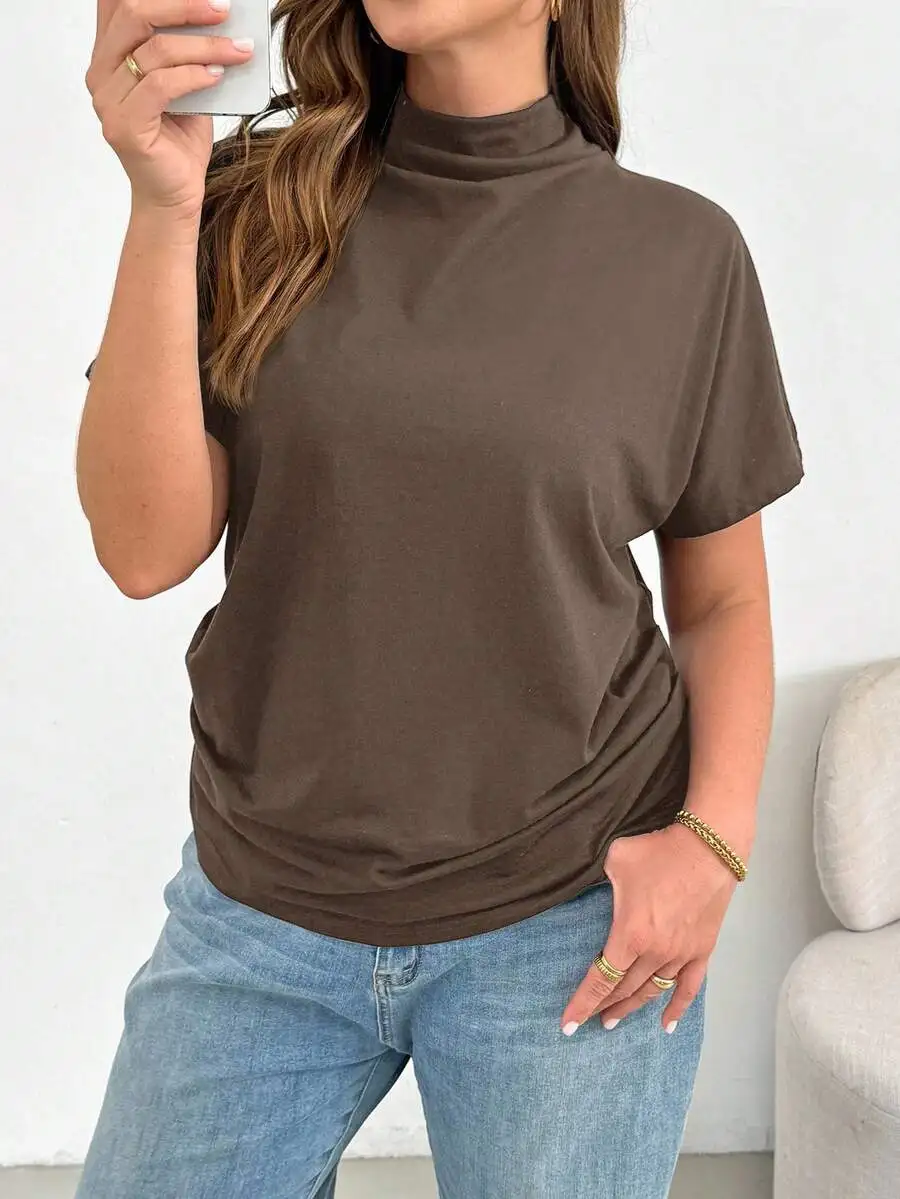 

Brown Short Sleeve Loose Turtleneck Top For Women Casual Daily Wear Spring Summer