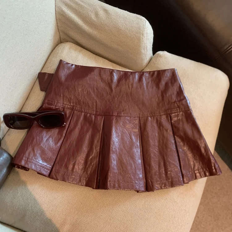 Retro Women Red Pu Leather Sexy Club Versatile College Style Slim Short Skirt Autumn Winter Coffee Colored Pleated Mini Skirts
