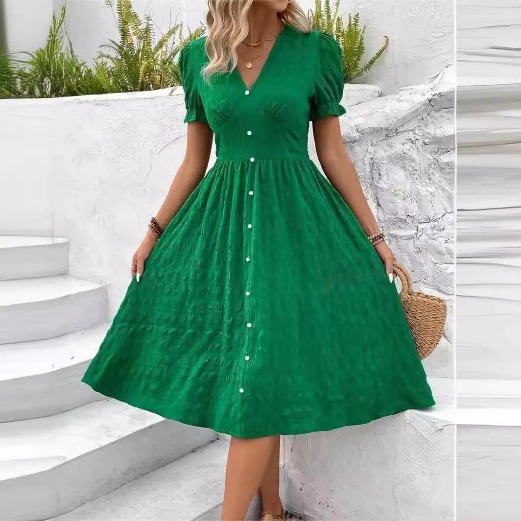 

Женская одежда высокого качества, летнее зеленое платье с коротким рукавом и V-образным вырезом, модная облегающая плиссированная юбка средней длины, платья для женщин