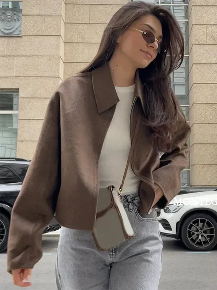 Fashion Brown Zipper Woolen Jacket For Women Elegant Lapel Long Sleeve Short Coats Female Vintage Autumn Lady Street Outerwear
