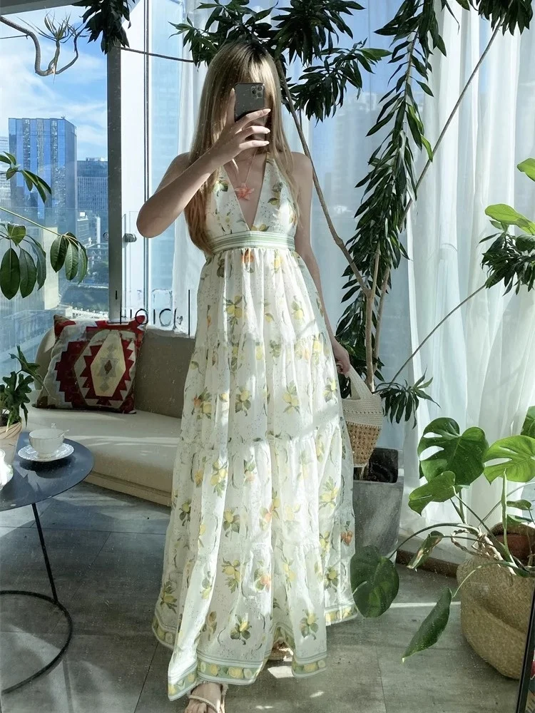 Vestido Largo Estampado Susan Long, Estilo Dulce, Espalda Descubierta, Cuello en V, Estampado de Frutas, Estilo Vacacional, C...