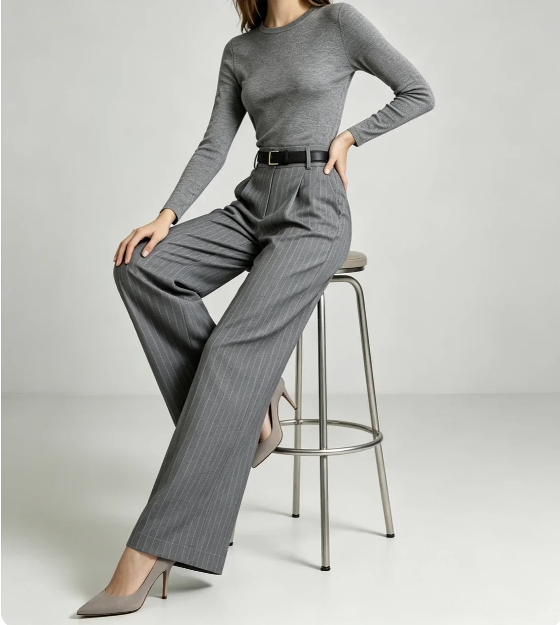 Women High Waist Pleated Pinstripe Wide Leg Work Pants for   Formal Office Trousers with Belt Business Attire