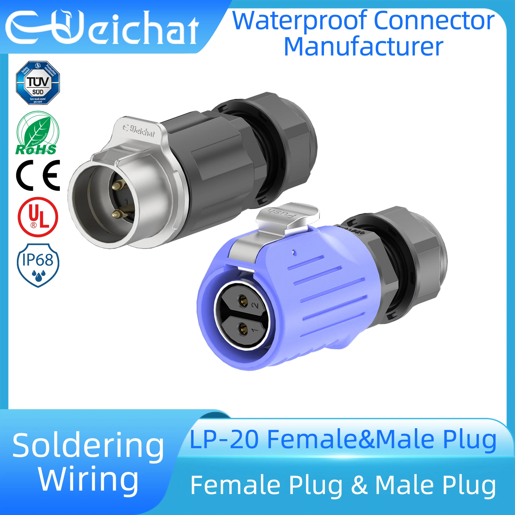 

LP20 IP68 Waterproof Connector 2-14 Pin Blue Metal Female Plug + Male Plug Industrial Circular Aviation Electrical Connector