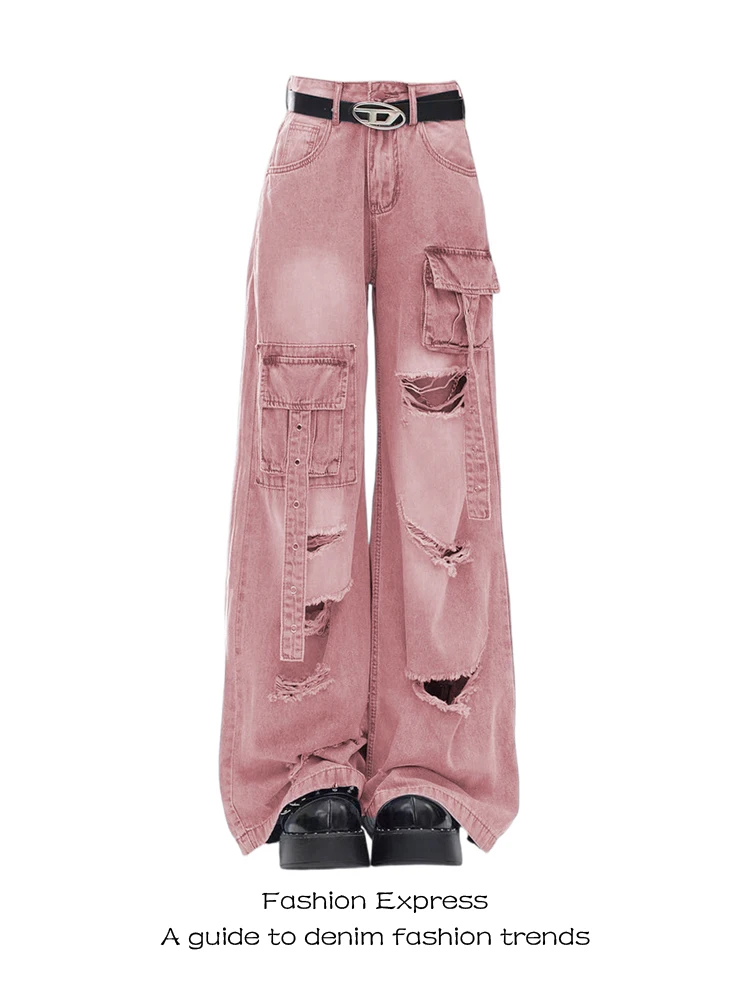 

Американские джинсы с высокой талией, свободные, широкие, из денима, женские, осенне-зимние, модные, с дырками, с множеством карманов, повседневные брюки